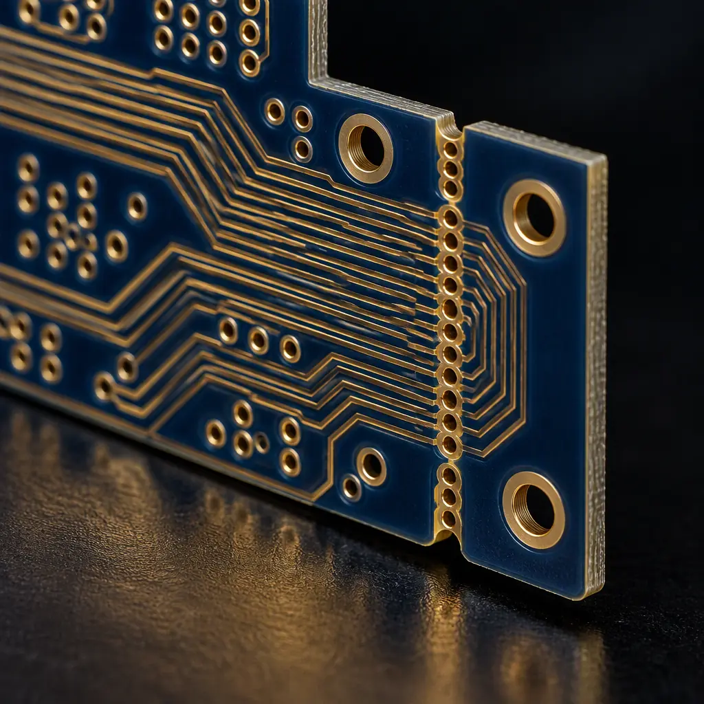Copper test coupon structures alongside a production PCB panel in a fabrication facility