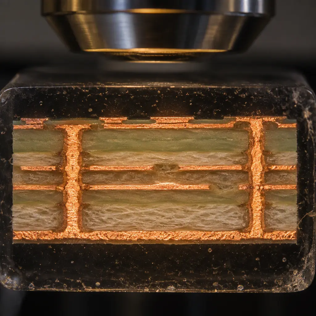 Macro photograph of a printed circuit board cross-section mounted in epoxy under a metallurgical microscope showing distinct copper and dielectric layers