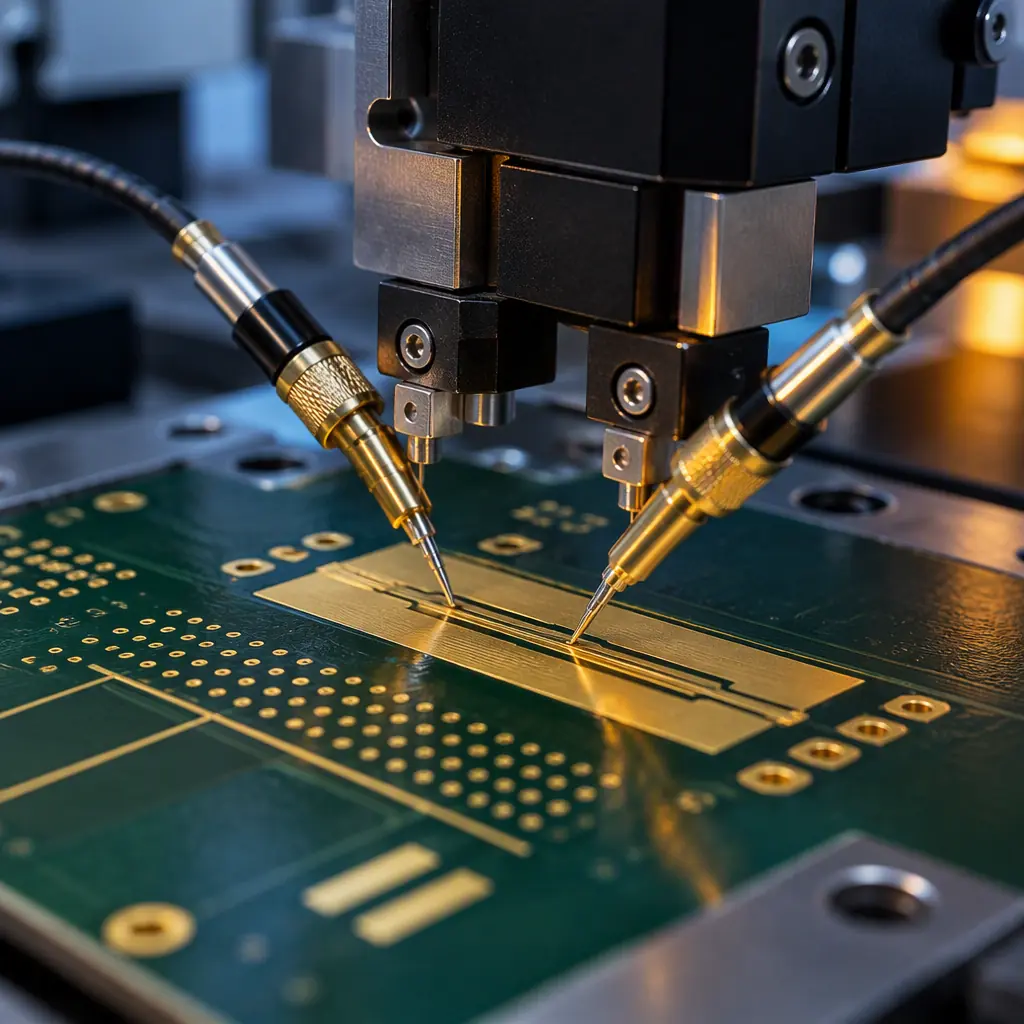 Macro photograph of a time-domain reflectometry probe head resting on the gold-plated impedance coupon of a printed circuit board