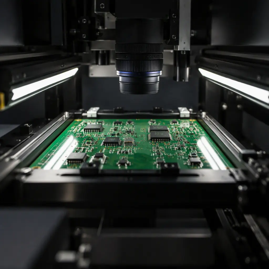 Macro photograph of the interior of an automated optical inspection machine scanning a printed circuit board with striped LED bar lights