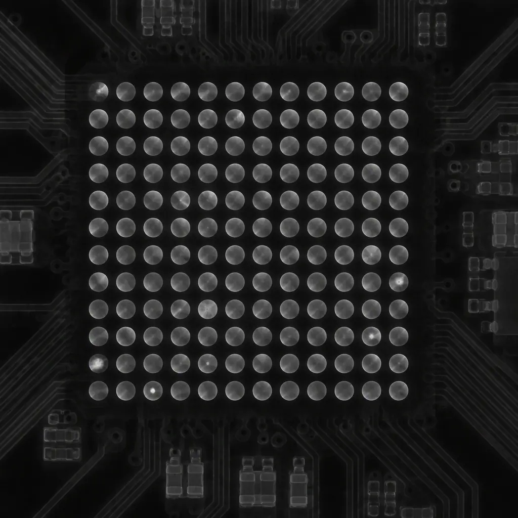 Industrial X-ray image of a ball grid array solder ball array glowing translucent against a black background