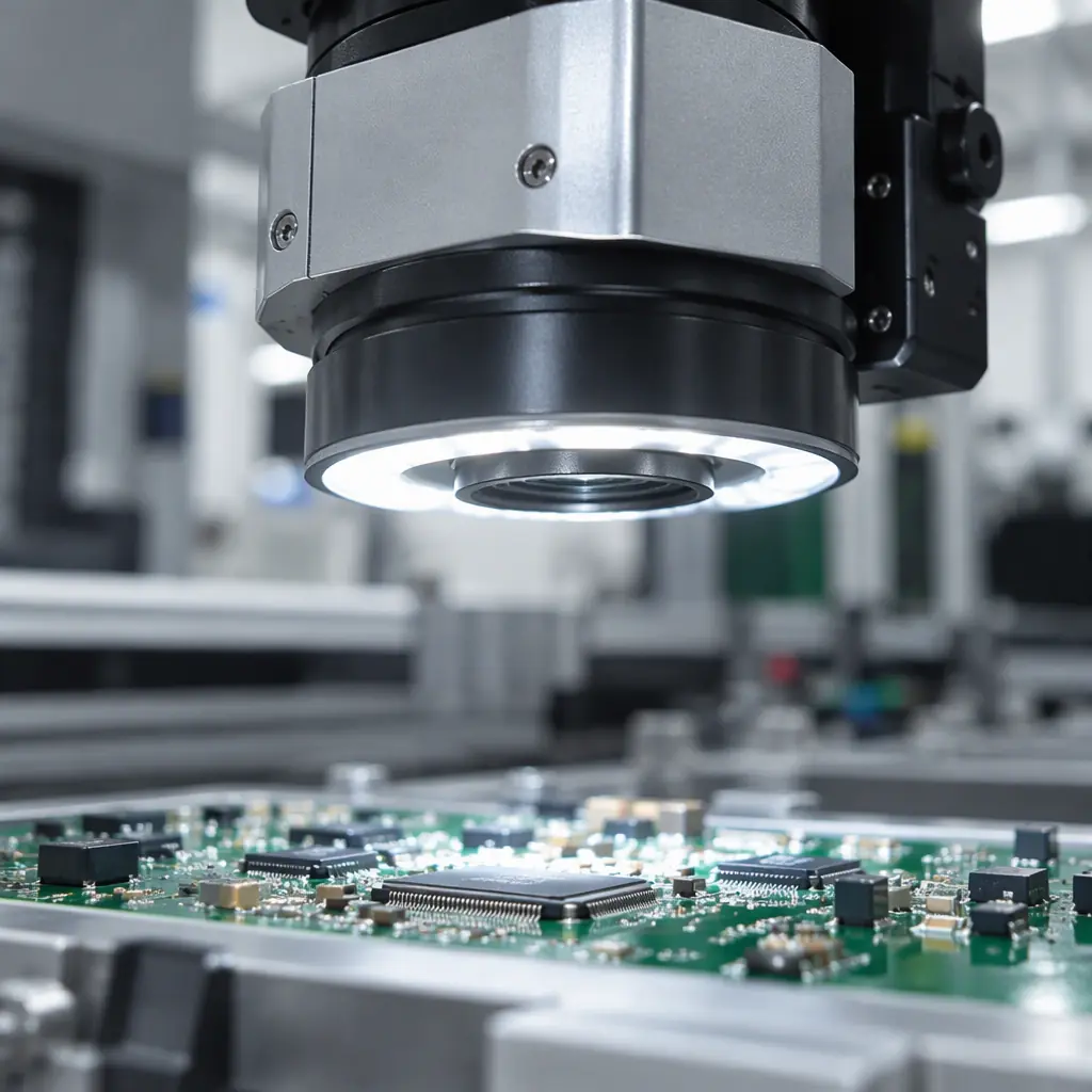 Photorealistic photograph of an automated optical inspection machine examining a populated PCB under bright structured lighting in a clean electronics assembly factory