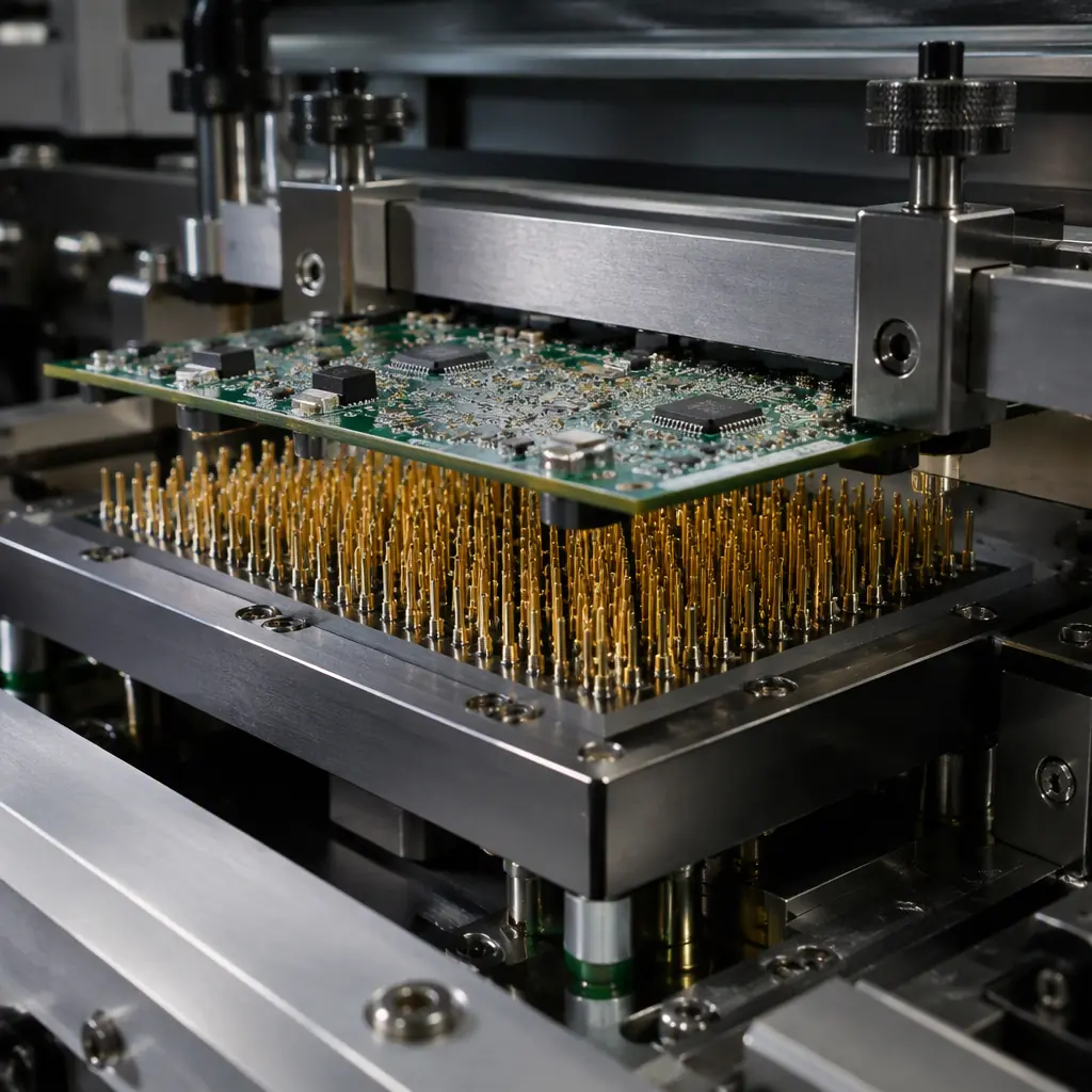 Macro photograph of a bed-of-nails in-circuit test fixture with spring-loaded probes contacting test points on a populated circuit board in a factory