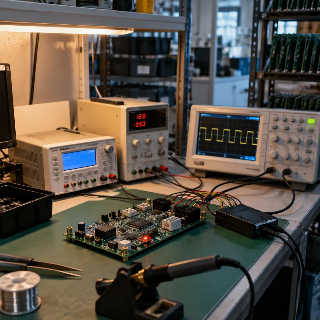 Photorealistic photograph of a functional test station with a powered circuit board and test instrumentation in an electronics factory with indicator lights glowing