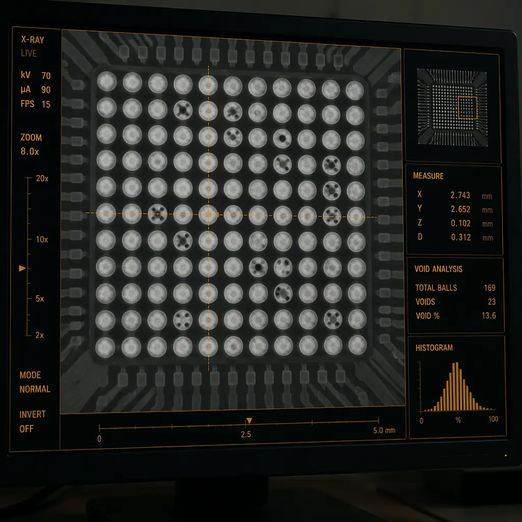 X-ray image of BGA solder joints showing voids
