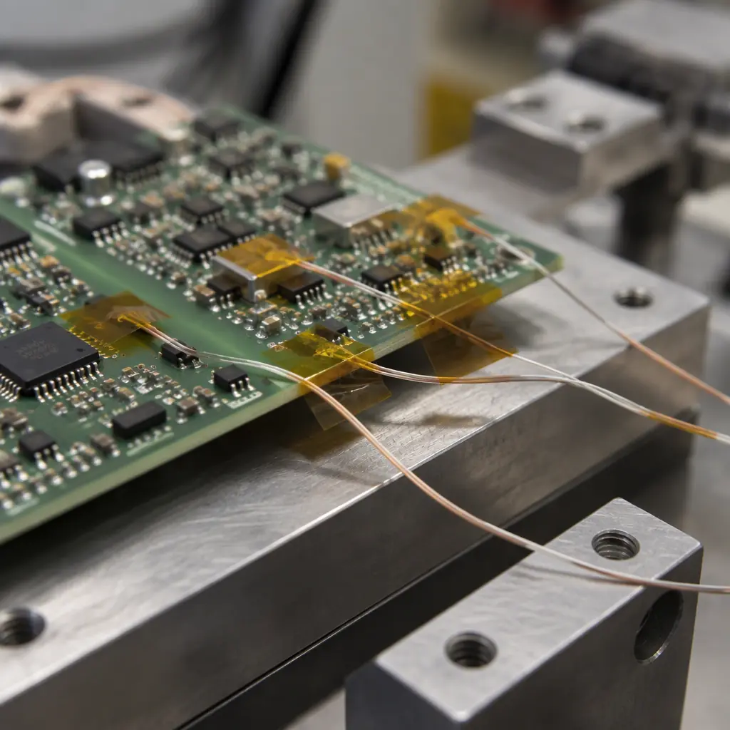 Thermocouple wires attached to a populated circuit board inside a thermal chamber fixture