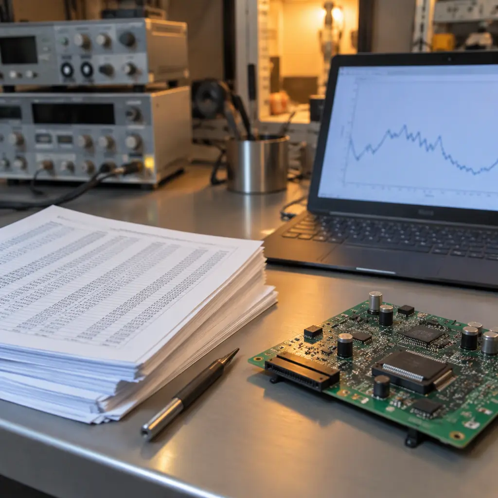 Weibull-style failure data on a laboratory bench beside a thermal chamber, printed charts and a board sample