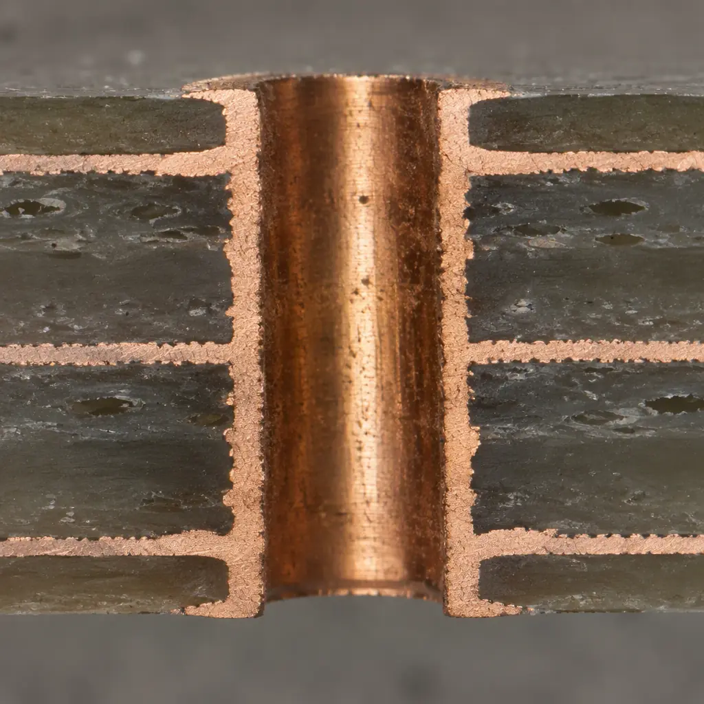 Microsection of a plated through-hole barrel under a metallurgical microscope
