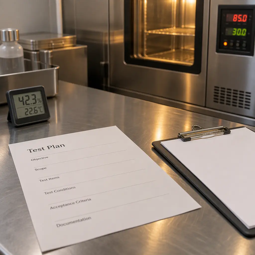 Engineer writing a test plan on paper beside a hygrometer and a thermal chamber controller