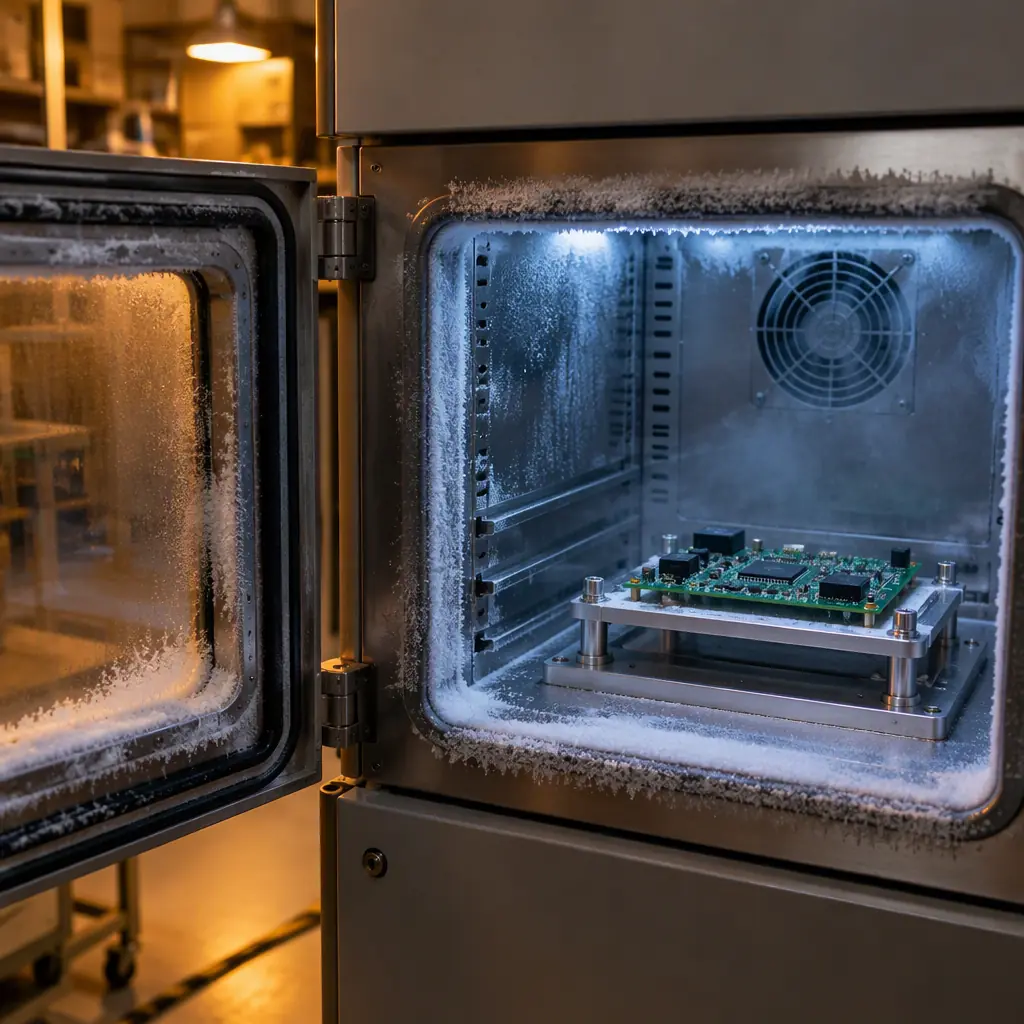 Thermal cycling test chamber with a populated circuit board on a fixture inside, chamber door open