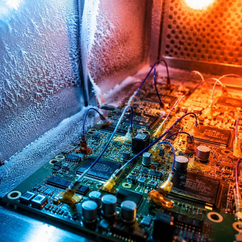 Populated PCB with thermocouple wires attached to BGA packages inside temperature cycling chamber