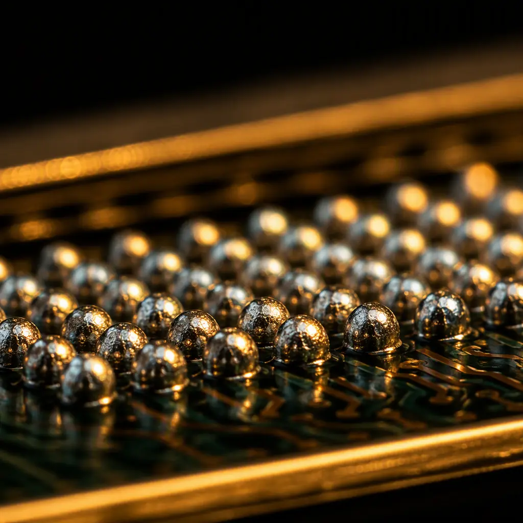 Extreme close-up of BGA solder balls on circuit board surface with golden amber accent lighting