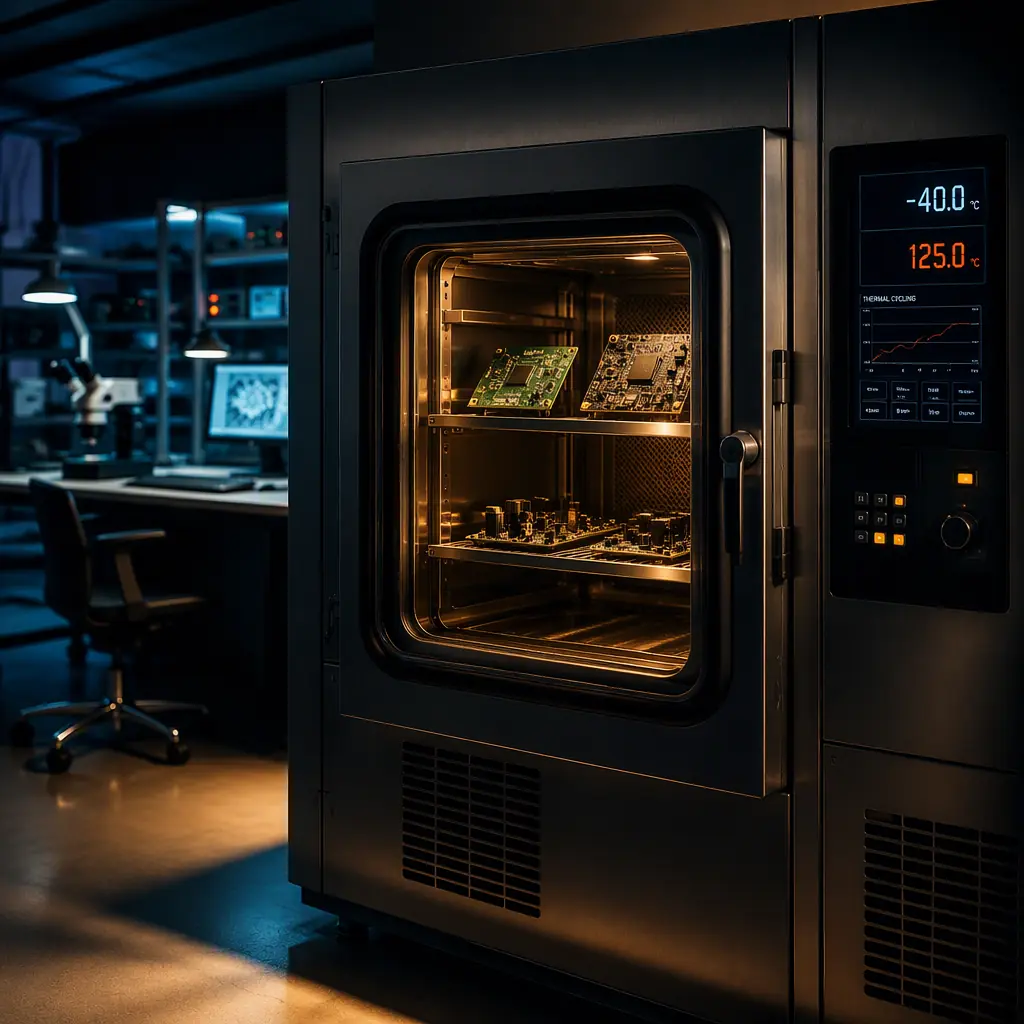 Thermal cycling test chamber with circuit boards inside, temperature-controlled environment in electronics reliability laboratory