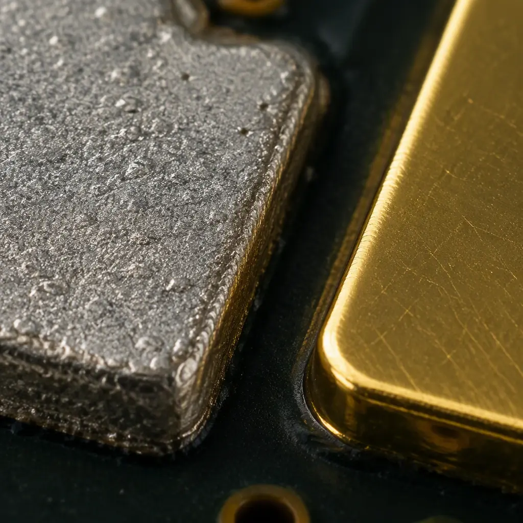 Close-up of a matte tin plated component termination and solder joint on a circuit board showing the coarse grained surface morphology