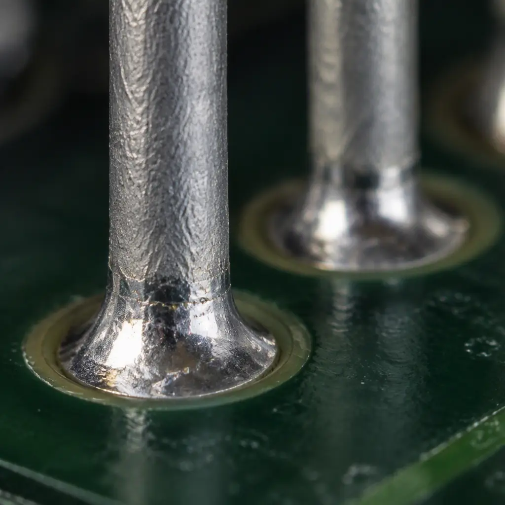 Macro photograph of a tin plated component lead on a printed circuit board where a metallic filament has grown from the surface
