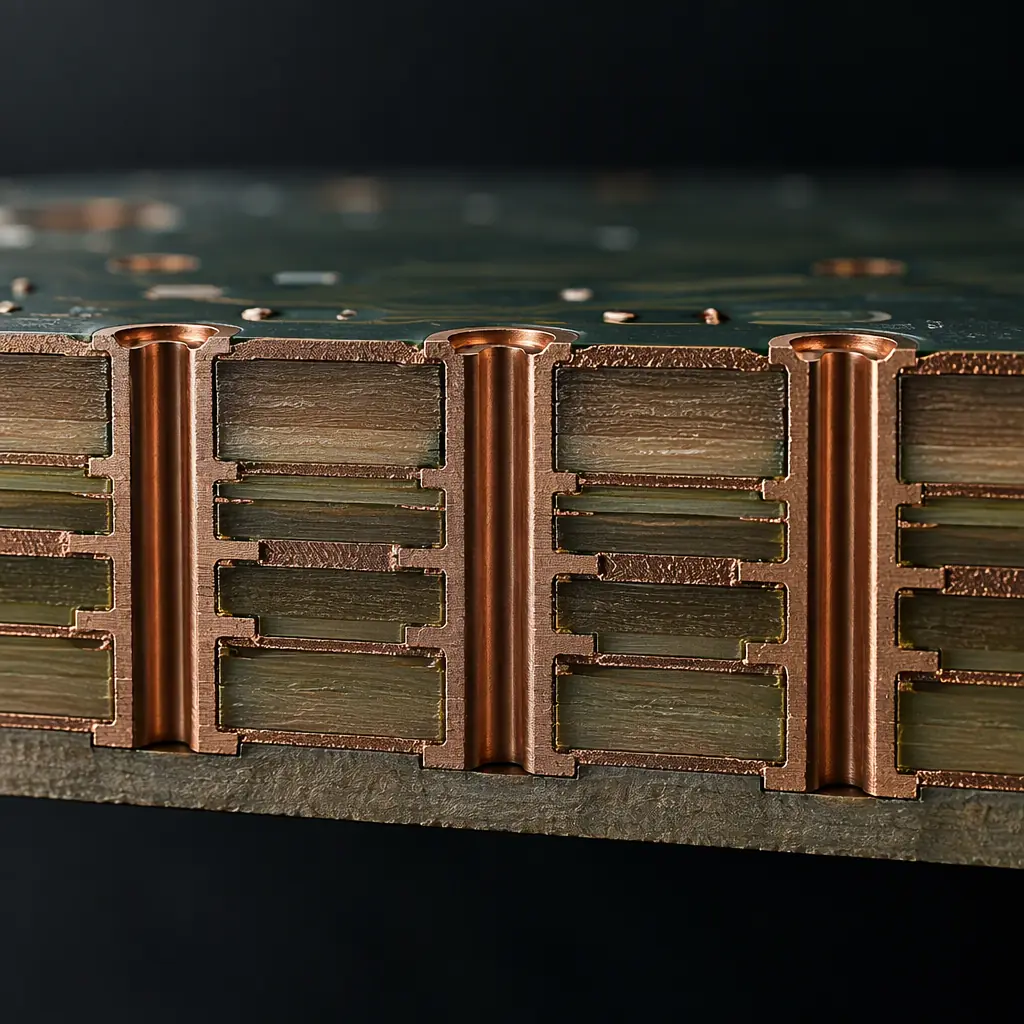 Photorealistic 3D cross-section render of a multilayer PCB showing drilled holes passing through copper layers with registration alignment on a dark background