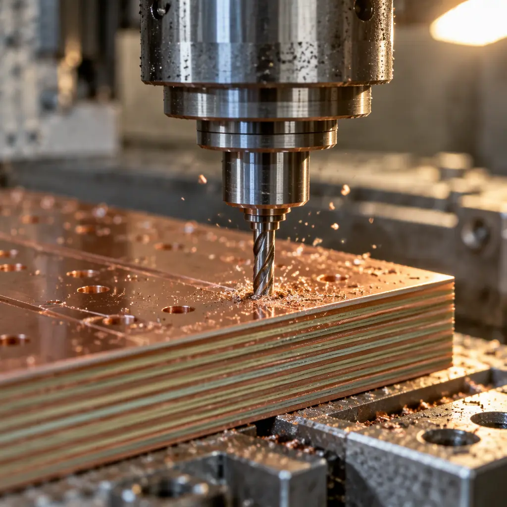 Macro photograph of a CNC drilling spindle machining a stack of copper-clad laminates in a PCB factory with metallic debris and bright light