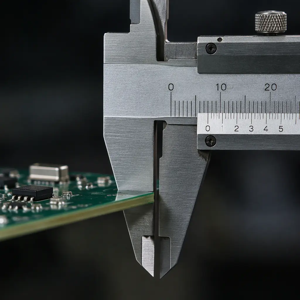 Photorealistic macro of a precision caliper measuring the thickness of a PCB edge under workshop lighting