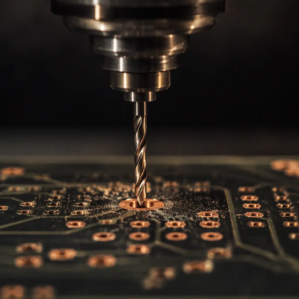 Close-up of a precision drill bit above a PCB hole with clean copper pads around the drill site