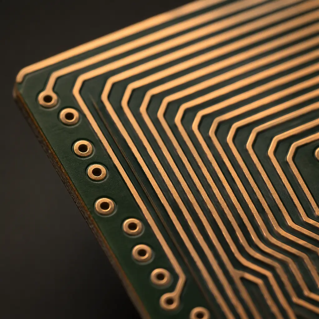 Macro photograph of finely etched copper traces on a PCB showing uniform line width