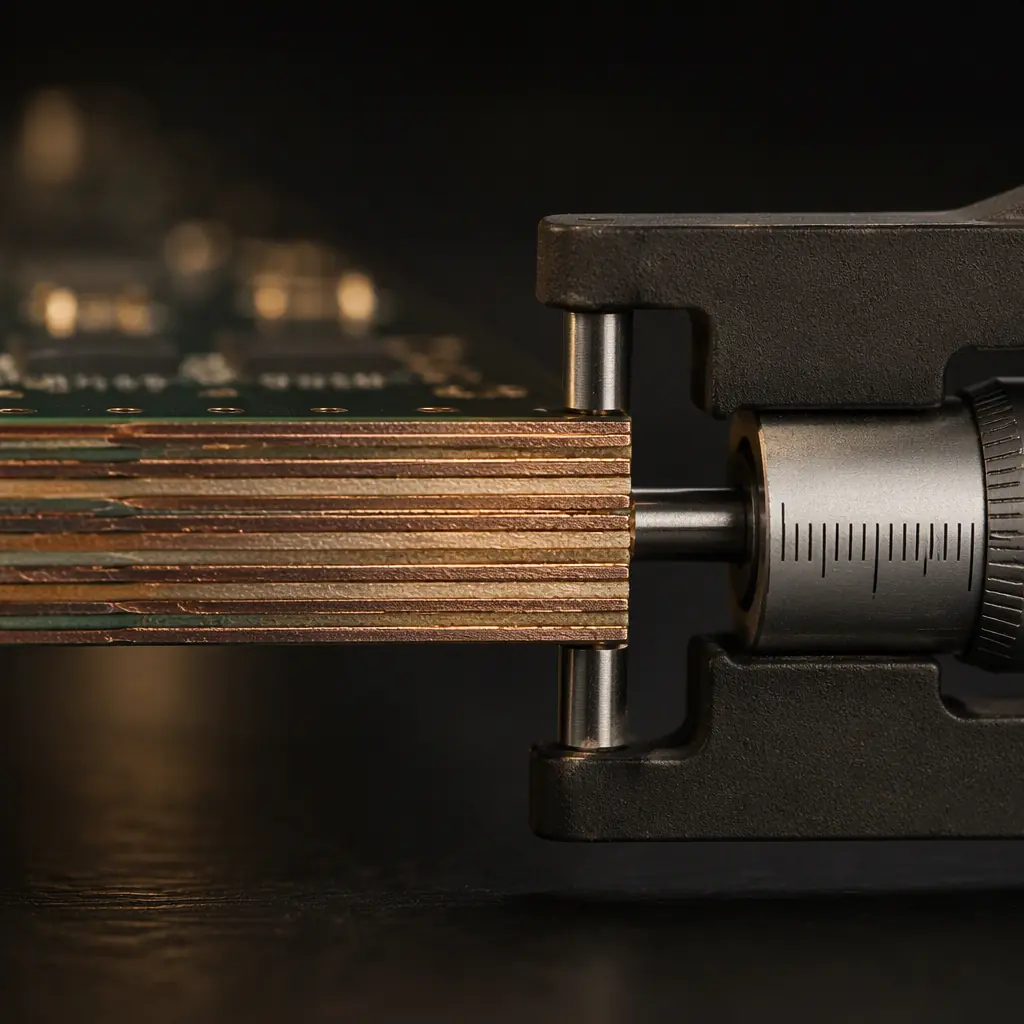 Engineer measuring the edge cross-section of a multilayer PCB showing alternating copper and dielectric layers