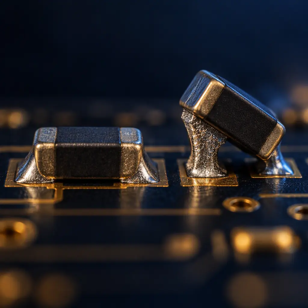 Macro photograph of two SMD chip components on a dark PCB, one lying flat and one standing upright after reflow