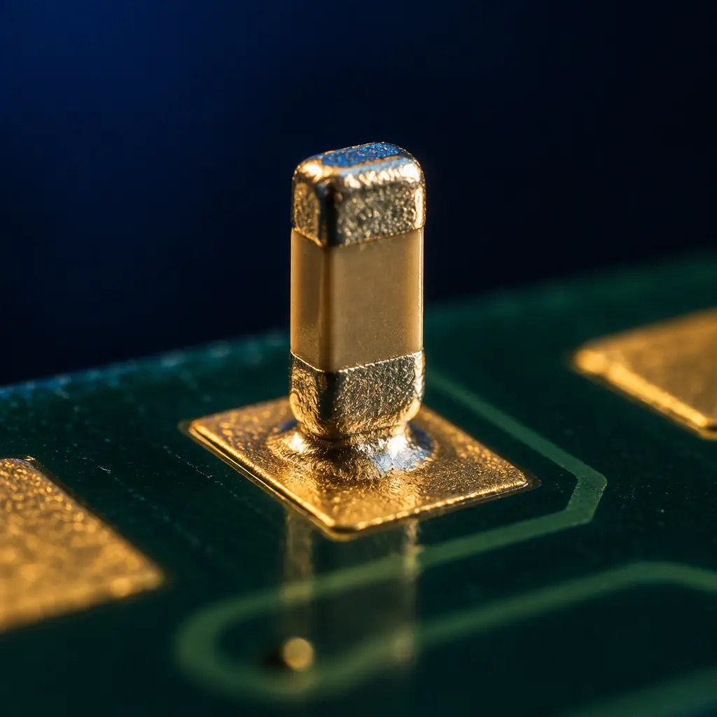 Close-up of a PCB after reflow showing a small chip component standing vertically on one pad