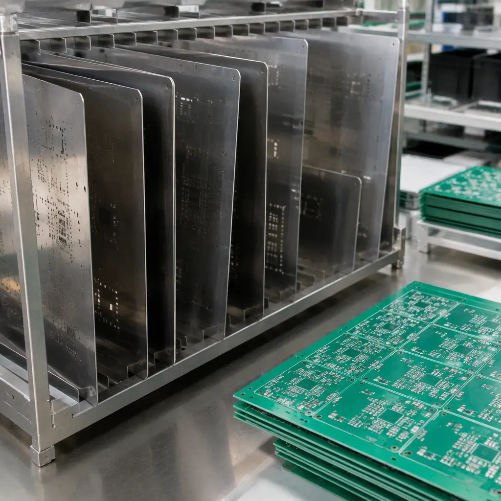 Photorealistic photograph of a set of SMT solder paste stencils and tooling stored in a factory alongside printed circuit board panels on a workbench