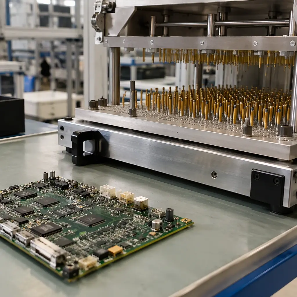 Photorealistic photograph of a bed-of-nails in-circuit test fixture with spring probes on a workbench next to a populated circuit board in a factory