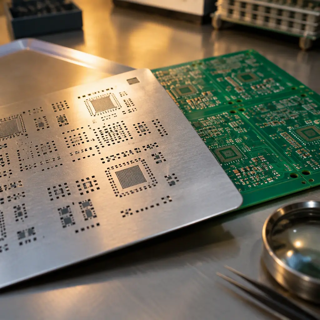 Photorealistic photograph of a solder paste stencil and a printed circuit board panel being inspected on a workbench in a factory quality area