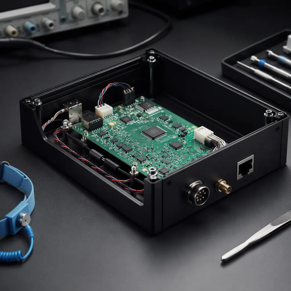 Finished electronic enclosure with PCB assembly inside, open chassis showing internal board mounting, cable management, and enclosure sealing on a clean workbench