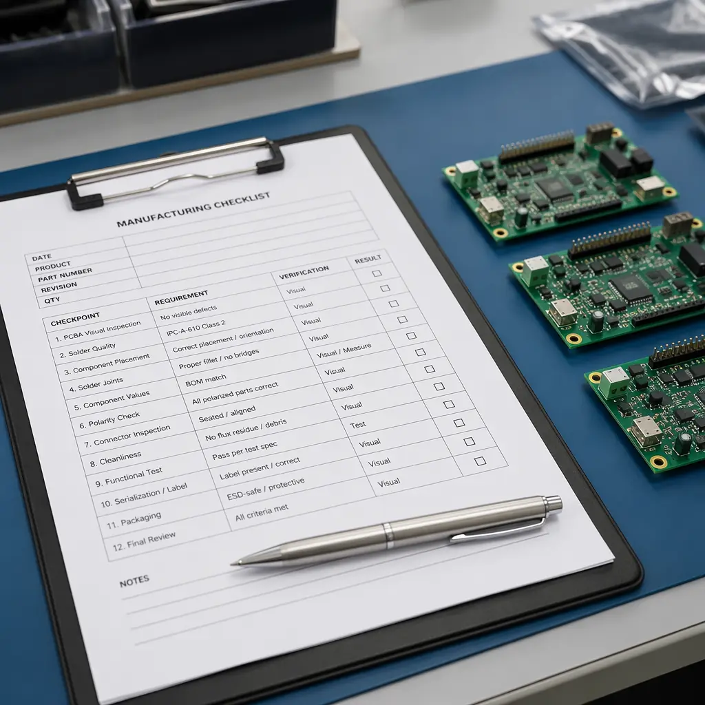 Decision checklist on a clipboard next to assembled PCB boards on an ESD-safe workbench, electronics manufacturing quality control setting