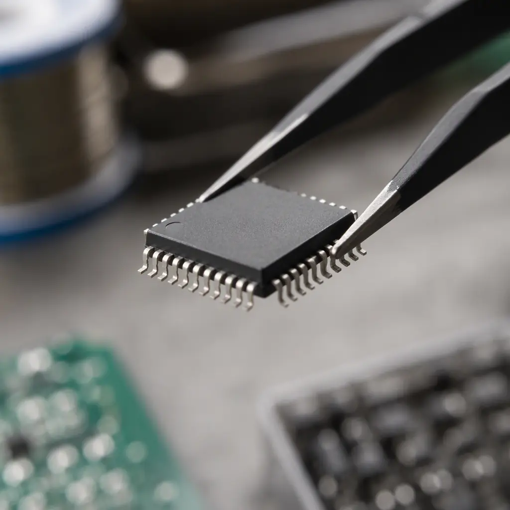 Magnified view of an IC package viewed under a microscope during incoming counterfeiting inspection, showing die marking