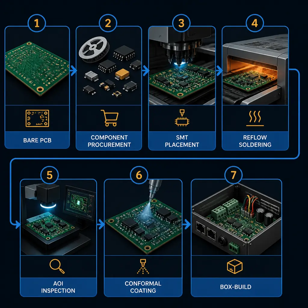 Turnkey PCB assembly workflow overview showing component procurement through box-build stages