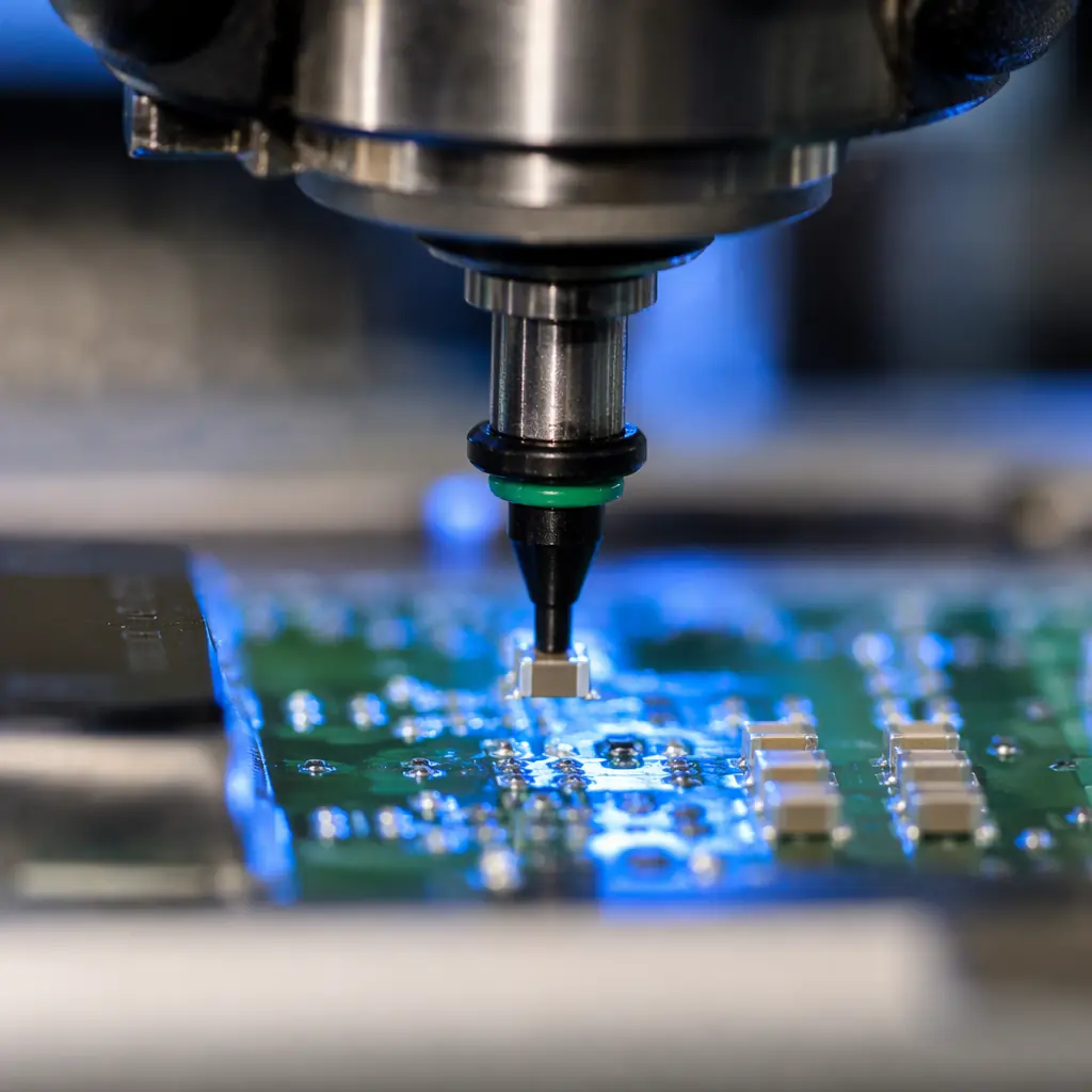 SMT pick-and-place machine placing components on PCB panels in a modern electronics manufacturing facility, high-speed assembly line with precision nozzle heads