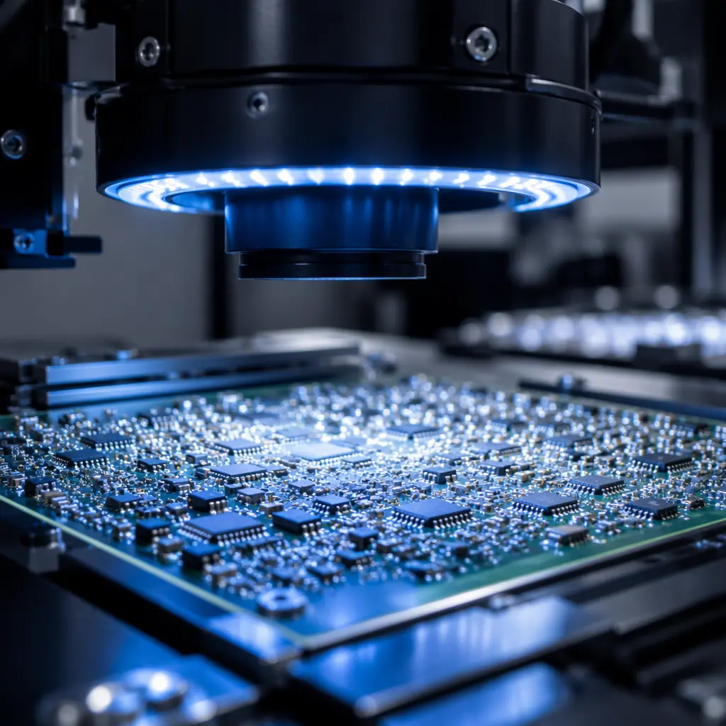 Automated optical inspection machine scanning a populated PCB with blue LED lighting, quality control station in electronics factory
