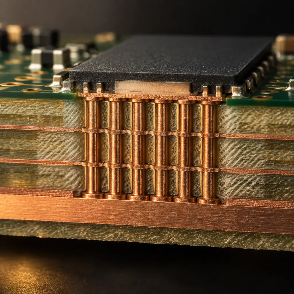 Photorealistic 3D cross-section render of a QFN thermal pad with a grid of copper-filled thermal vias passing through the FR-4 to a thick internal copper plane