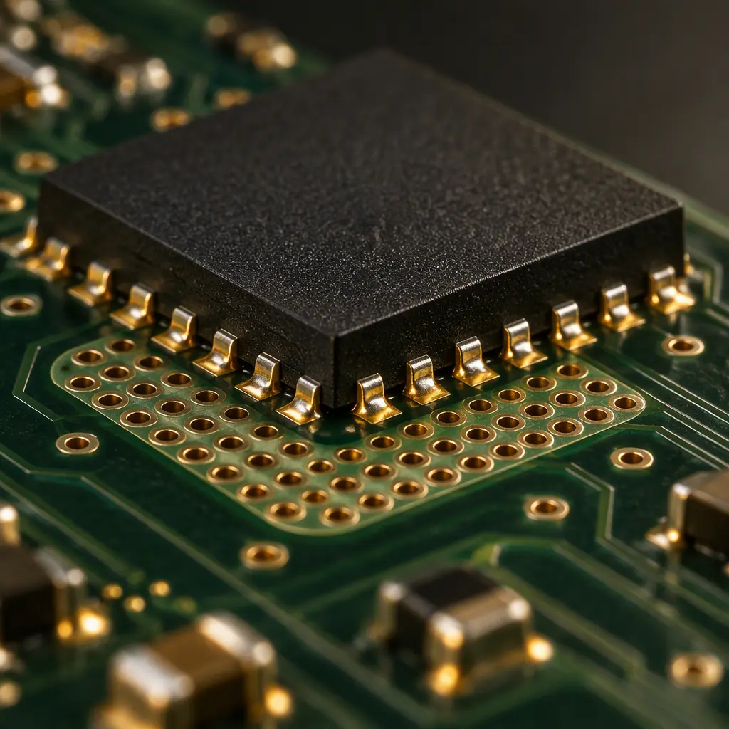 Macro photograph of a QFN package on a printed circuit board showing a dense grid of small thermal vias under the exposed pad and copper plane visible through the solder mask
