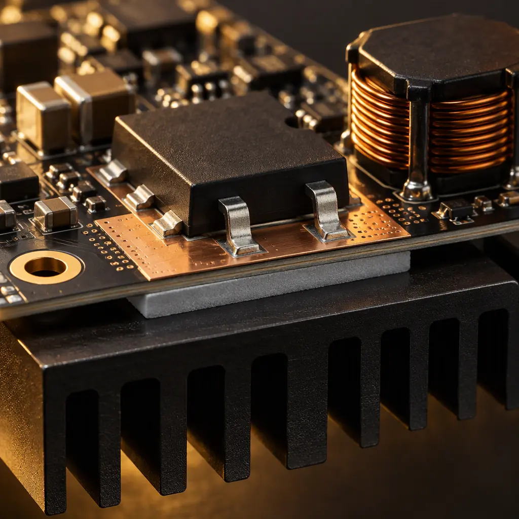 Photorealistic macro photograph of a power MOSFET on a printed circuit board with a wide copper thermal pad bonded through a grey gap pad to a matte black aluminium heat sink