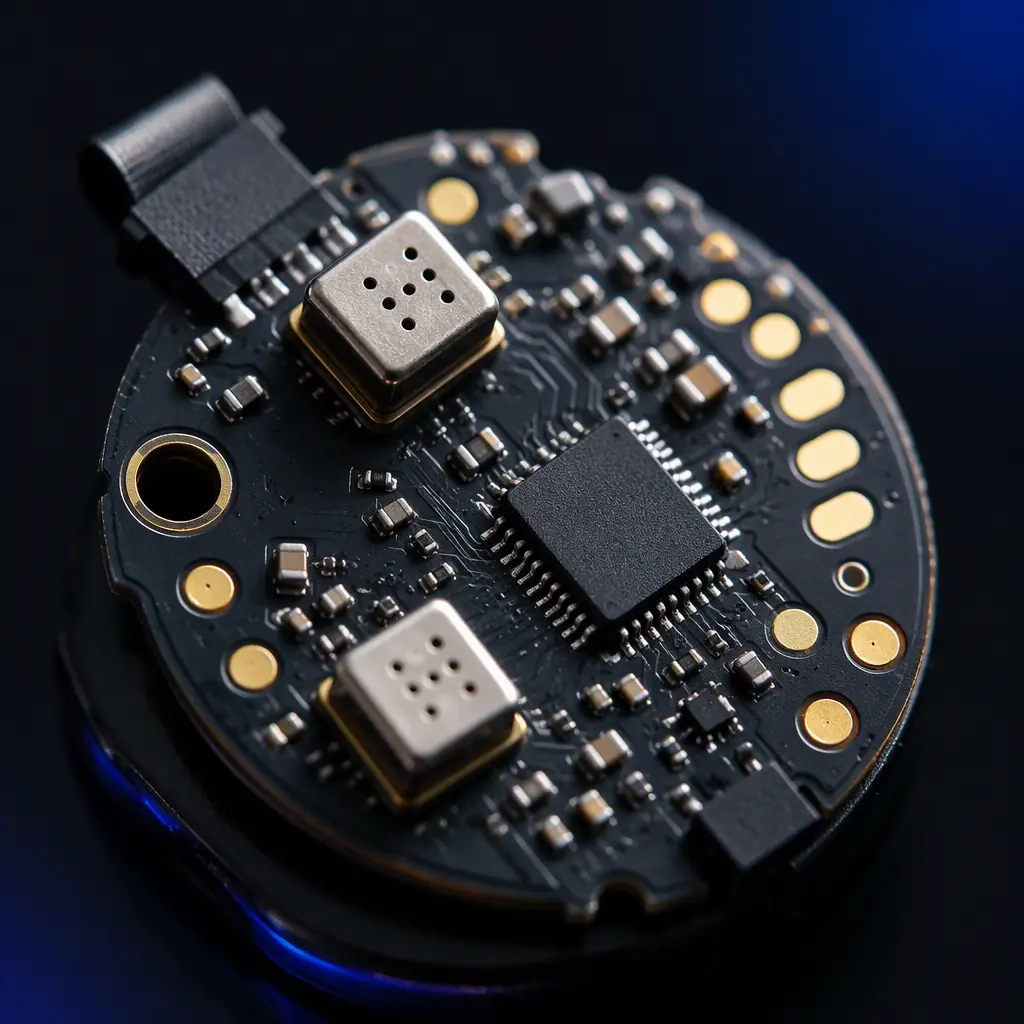 Macro photo of a TWS earbud PCB with MEMS microphones and audio codec chip for active noise cancellation