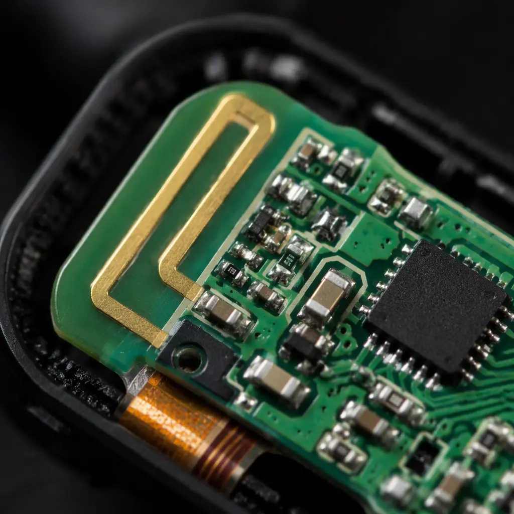 Macro photograph of a tiny TWS earbud PCB showing the 2.4 GHz antenna area and RF matching network