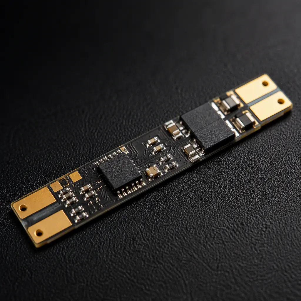 Macro photo of a lithium battery protection circuit board with protection IC and MOSFET pair