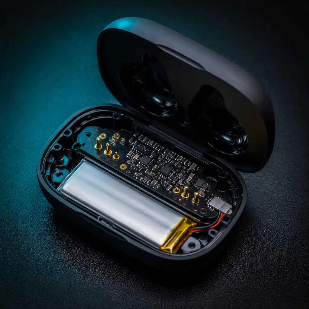 Open TWS earbud charging case showing internal PCB with pogo pin contacts and lithium battery