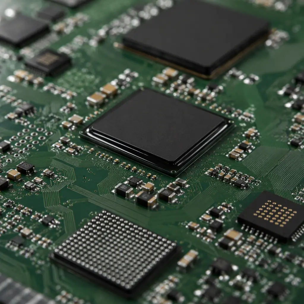 Populated PCB showing BGA and CSP packages with cured underfill visible at package edges