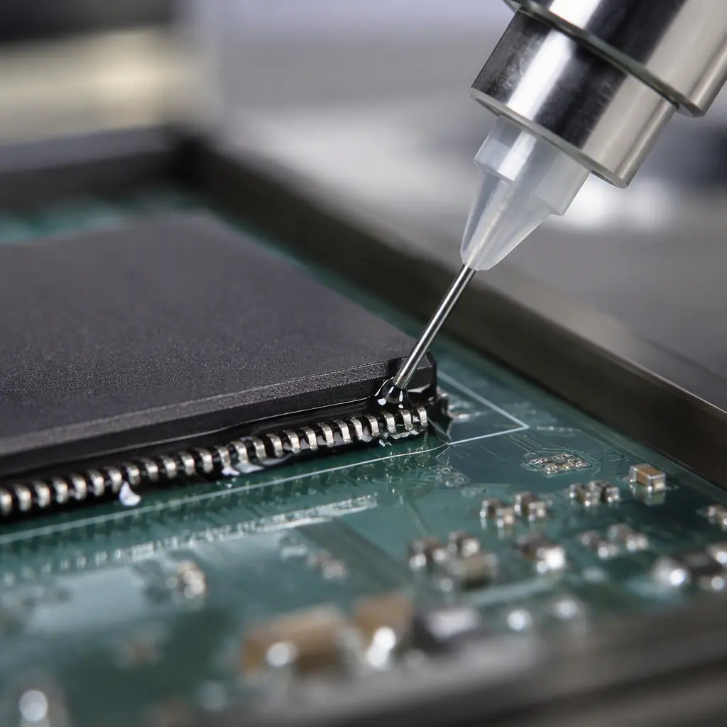 Automated underfill dispensing needle applying epoxy along a BGA chip edge