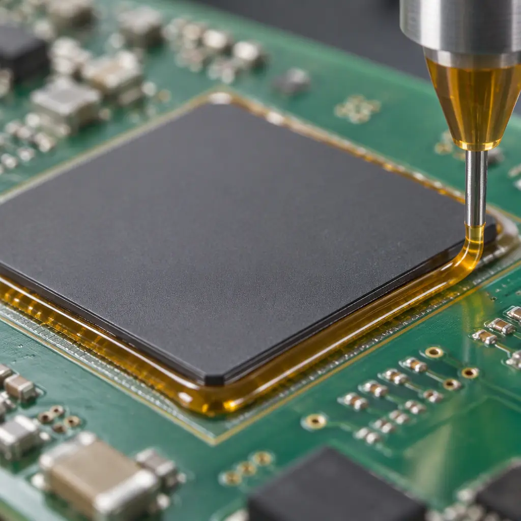 Close-up of adhesive dispensed along the edge of a large ball grid array package on a printed circuit board panel