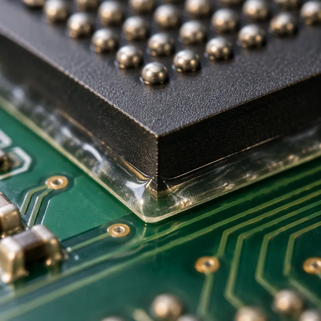 Macro photograph of the corner of a ball grid array package on a printed circuit board showing cured adhesive reinforcement