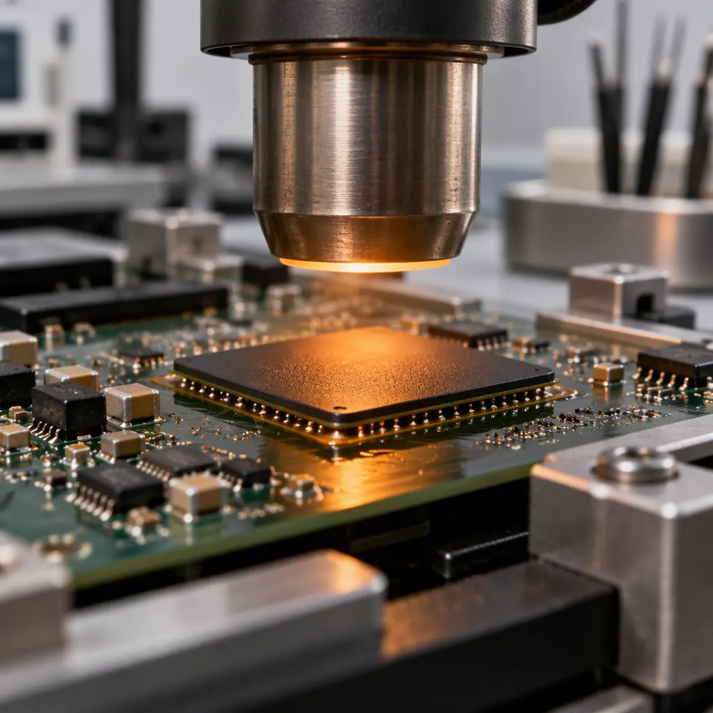 Rework station nozzle positioned over a cured underfilled component on a printed circuit board in a controlled repair area