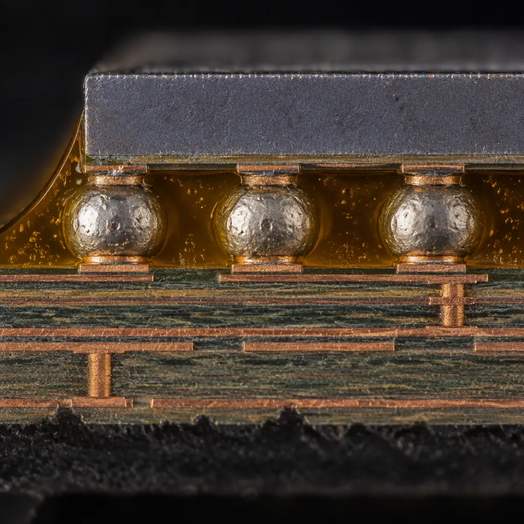 Macro view of cured underfill fillet around a flip-chip die on an assembled printed circuit board