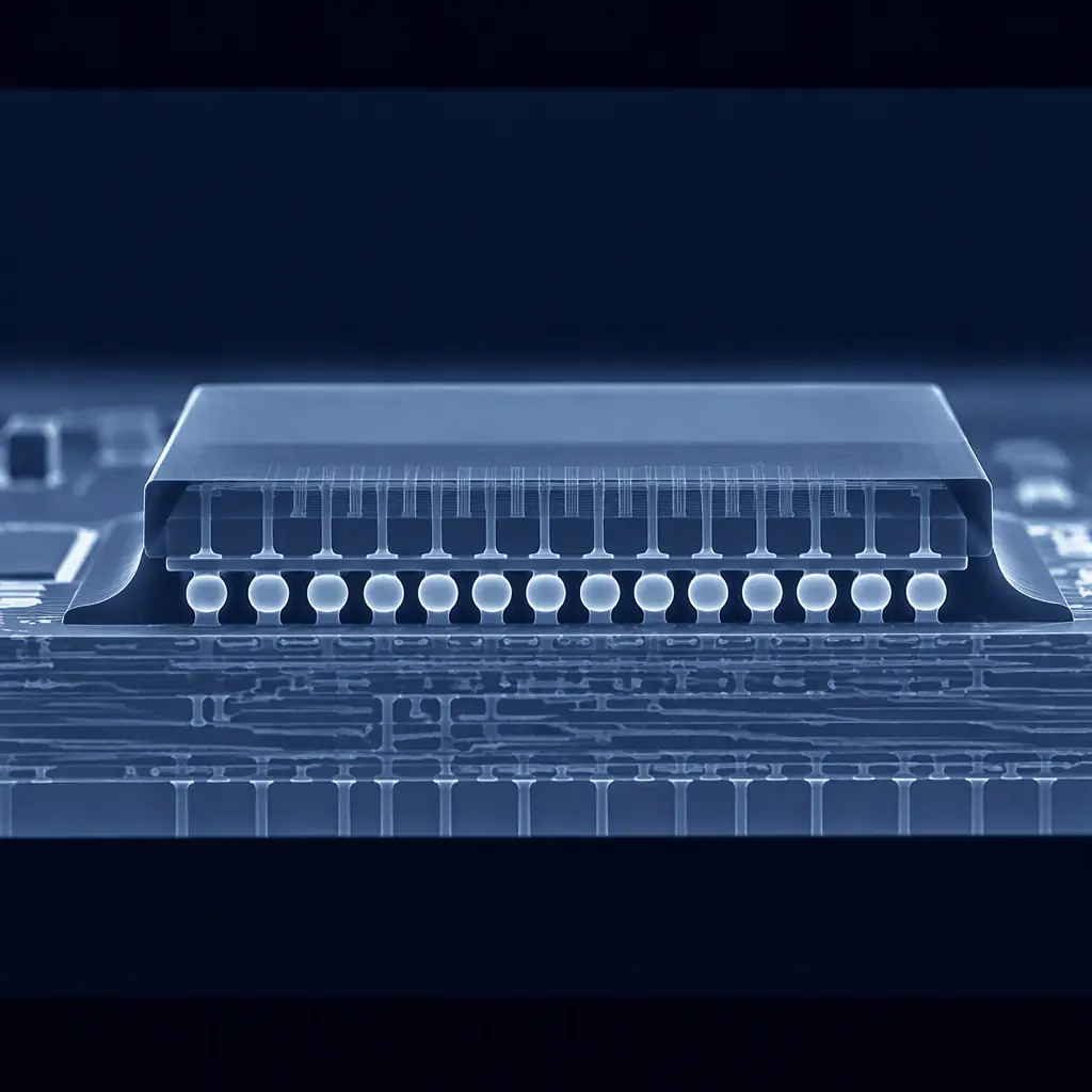 X-ray view of a BGA package showing solder balls and underfill coverage